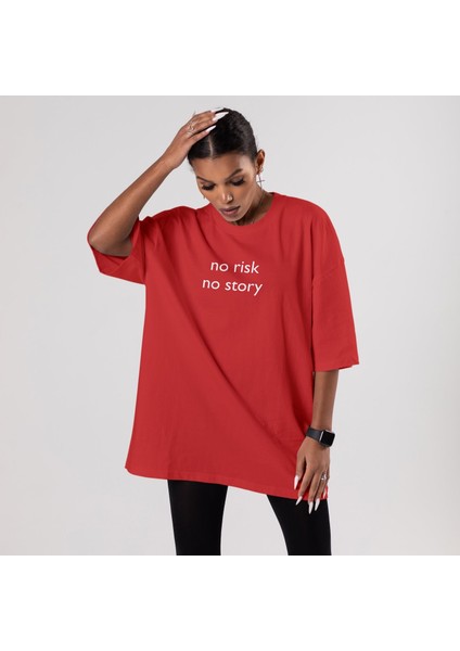 No Risk No Story Oversize Tişört - Kırmızı fiyatları