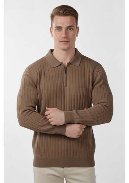 Erkek Kahve Slim Fit Polo Yaka Triko Kazak - Yumuşak Dokulu Esnek ve Şık Görünüm 2605305