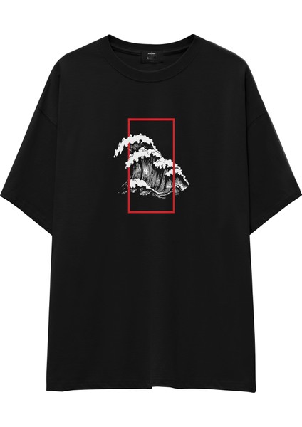 Perspektif Kanagawa Dalgası Oversize Tişört - Siyah