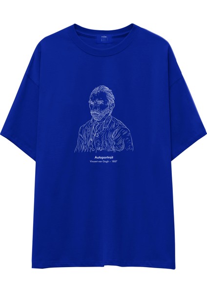 Vincent Van Gogh Autoportrait 1887 Oversize Tişört - Mavi