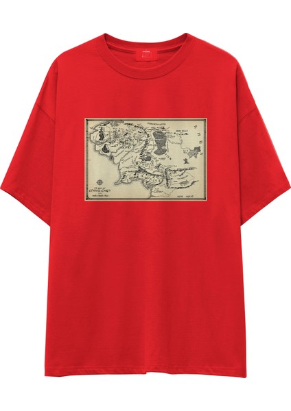 Yüzüklerin Efendisi Orta Dünya Haritası - Lord Of The Rings Oversize Tişört - Kırmızı