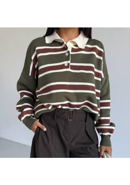 Polo Yaka Çizgili Basıc Kazak