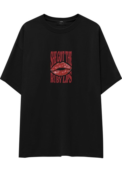 Ruby Lips Oversize Tişört - Siyah
