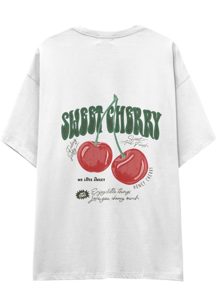 Sweet Cherry Oversize Tişört - Beyaz