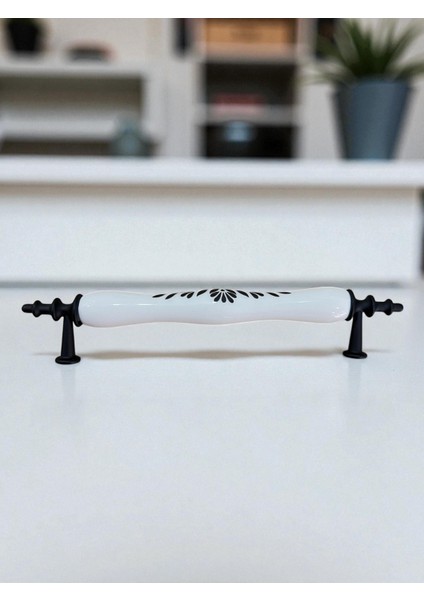 Orijinal Porselen Kulp Siyah Yapraklı Floral Desenli 128MM(12.8CM) Mobilya Kapak Çekmece Kulbu