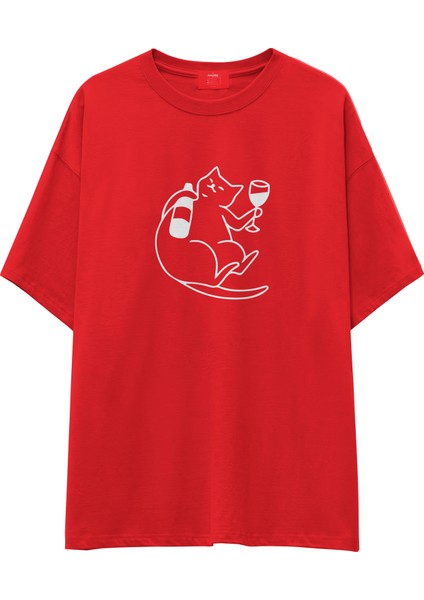 Wine Lover Cat Oversize Tişört - Kırmızı