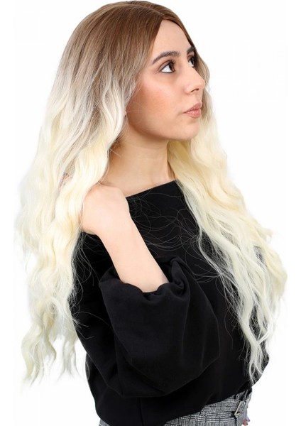 Fiber Sentetik Uzun Su Dalgası Peruk - Kumral / Platin Ombreli modelleri