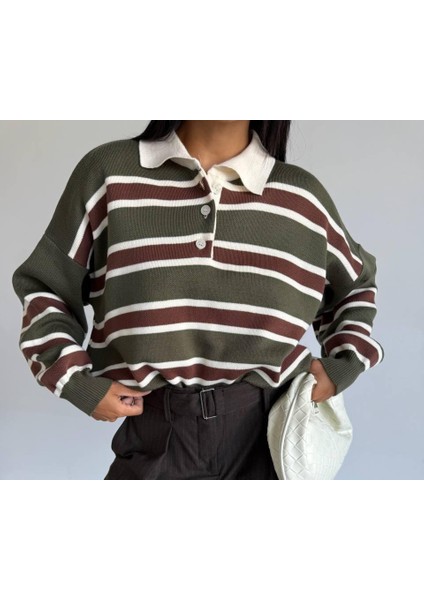 Polo Yaka Çizgili Basıc Kazak modelleri