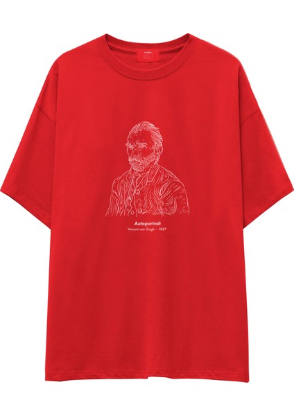 Vincent Van Gogh Autoportrait 1887 Oversize Tişört - Kırmızı
