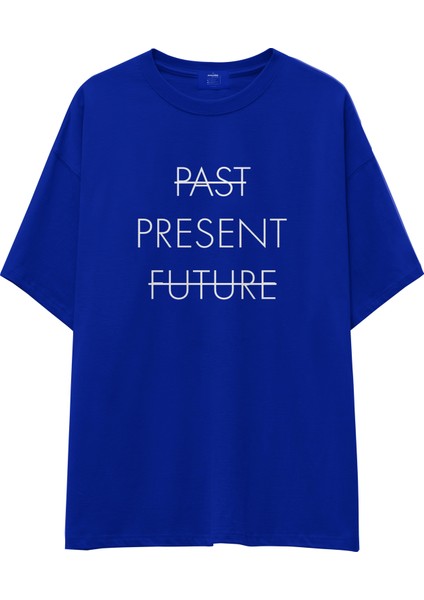 Past Present Future Oversize Tişört - Mavi