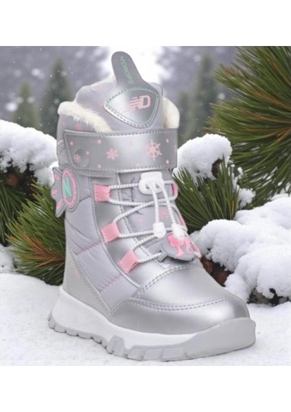 Kız Çocuk Suya ve Soğuk Havaya Dayanıklı Kaymaz Taban Cırtlı Lacivert Pembe Kar Botu