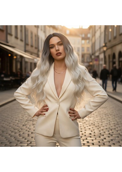 Fiber Sentetik Uzun Su Dalgası Peruk - Açık Siyah / Platin Ombreli