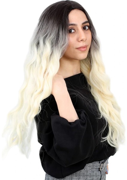 Fiber Sentetik Uzun Su Dalgası Peruk - Açık Siyah / Platin Ombreli modelleri