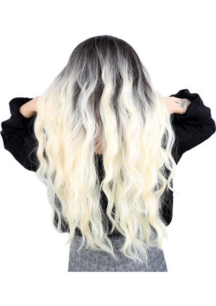 Fiber Sentetik Uzun Su Dalgası Peruk - Açık Siyah / Platin Ombreli indirimleri