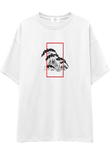 Perspektif Kanagawa Dalgası Oversize Tişört - Beyaz