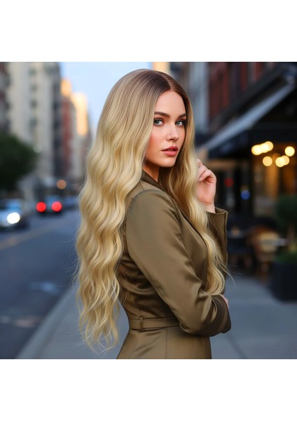 Fiber Sentetik Uzun Su Dalgası Peruk - Kumral / Sarı Ombreli