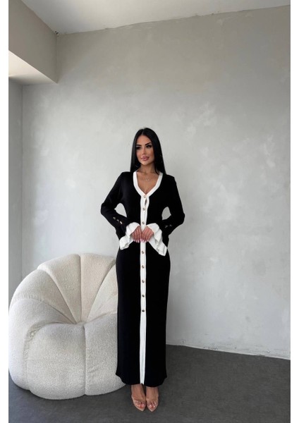 V Yaka Önden Düğmeli Yırtmaçlı Uzun Kollu Triko Elbise fiyatları