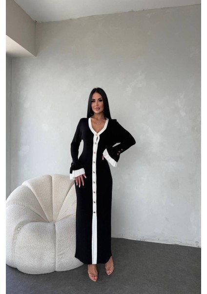 V Yaka Önden Düğmeli Yırtmaçlı Uzun Kollu Triko Elbise modelleri