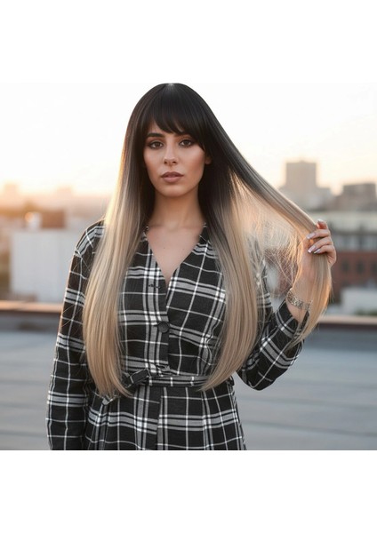 Fiber Sentetik Uzun Düz Kahküllü Peruk - Siyah / Küllü Bebek Sarı Ombreli