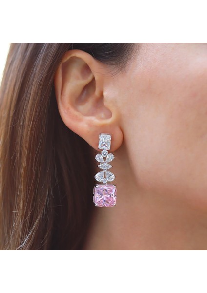 Pembe Kare Çiçekli Gümüş Işıltı Gümüş Küpe