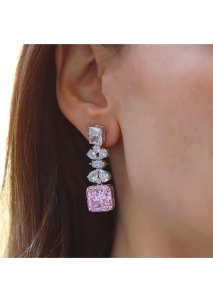 Pembe Kare Çiçekli Gümüş Işıltı Gümüş Küpe modelleri