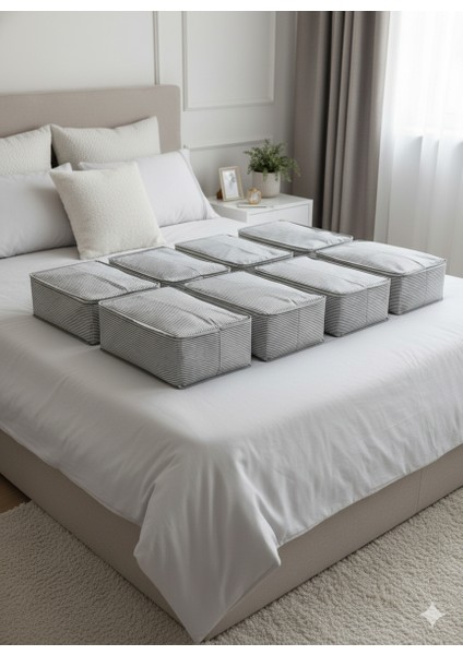 8'li Gri Çizgili Büyük Baza Altı & Çekyat Tipi Tela Hurç 65X45X22 cm – Fermuarlı Saklama ve Düzenleme Hurcu