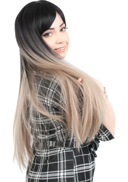 Fiber Sentetik Uzun Düz Kahküllü Peruk - Siyah / Küllü Bebek Sarı Ombreli modelleri