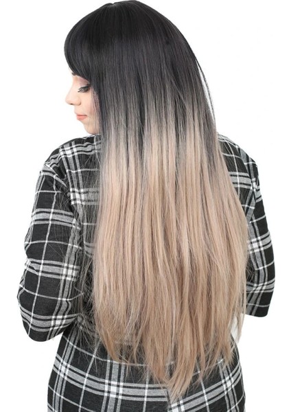 Fiber Sentetik Uzun Düz Kahküllü Peruk - Siyah / Küllü Bebek Sarı Ombreli fırsatları