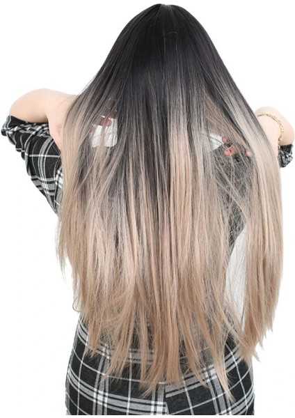 Fiber Sentetik Uzun Düz Kahküllü Peruk - Siyah / Küllü Bebek Sarı Ombreli indirimleri