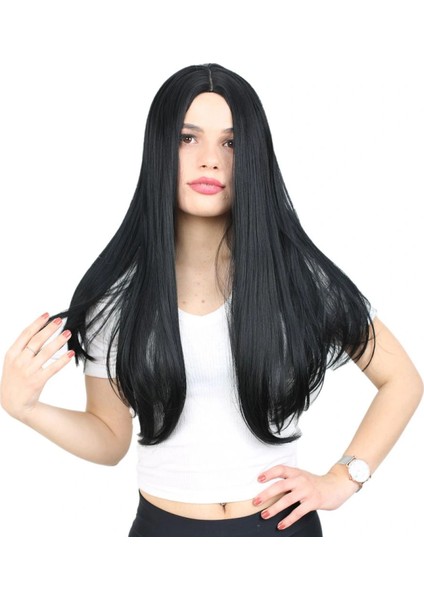 Fiber Sentetik Uzun Düz Peruk - Siyah