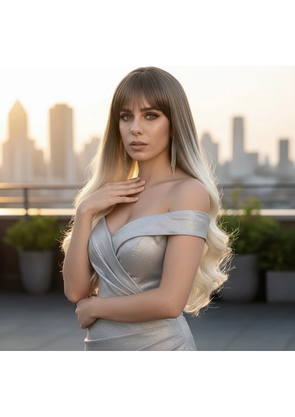 Kahküllü Uzun Dalgalı Fiber Sentetik Peruk - Küllü Açık Kahve / Platin Ombreli