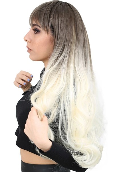 Kahküllü Uzun Dalgalı Fiber Sentetik Peruk - Küllü Açık Kahve / Platin Ombreli fırsatları