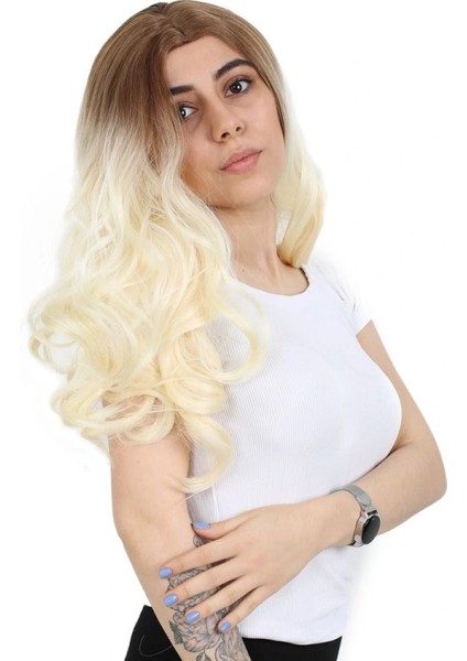 Yoğun Dalgalı Fiber Sentetik Uzun Perçemsiz Peruk - Balköpüğü / Platin Uzun Ombreli fiyatları