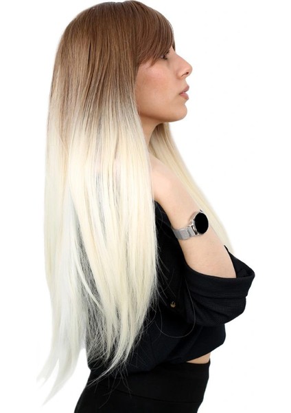 Fiber Sentetik Uzun Düz Kahküllü Peruk - Kumral / Platin Ombreli modelleri