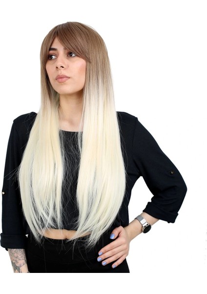 Fiber Sentetik Uzun Düz Kahküllü Peruk - Kumral / Platin Ombreli fırsatları
