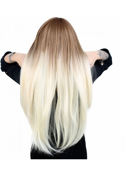 Fiber Sentetik Uzun Düz Kahküllü Peruk - Kumral / Platin Ombreli indirimleri