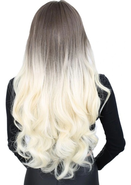 Kahküllü Uzun Dalgalı Fiber Sentetik Peruk - Küllü Açık Kahve / Platin Ombreli indirimleri