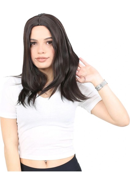 Kahkülsüz Fiber Sentetik Orta Boy Düz Peruk - Kahverengi