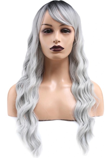 Perçemli Uzun Su Dalgası Fiber Sentetik Peruk - Siyah / Açık Gri Ombreli fiyatları