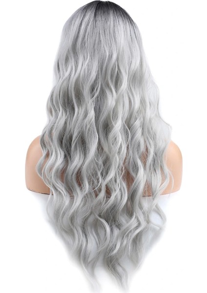 Perçemli Uzun Su Dalgası Fiber Sentetik Peruk - Siyah / Açık Gri Ombreli indirimleri
