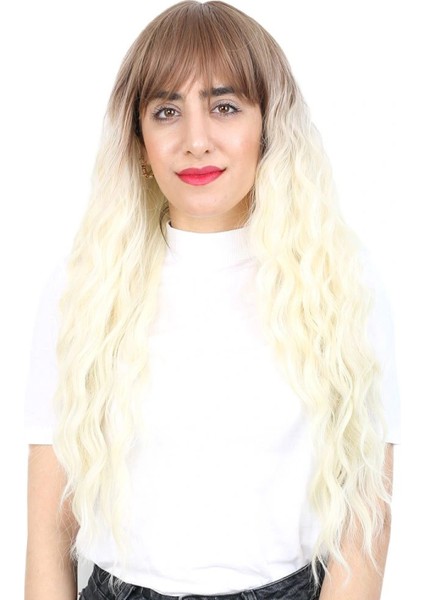 Perçemli Uzun Su Dalgası Fiber Sentetik Peruk - Kumral / Platin Ombreli