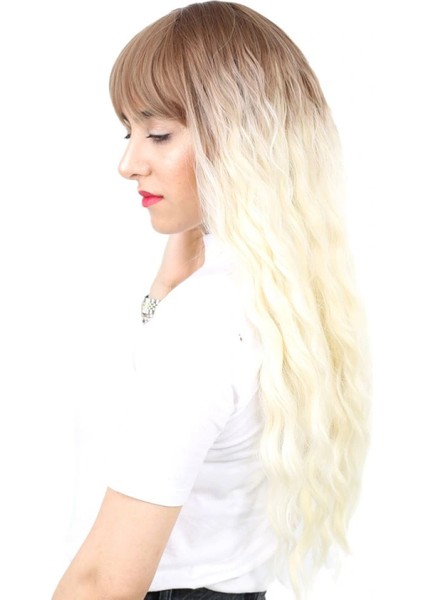 Perçemli Uzun Su Dalgası Fiber Sentetik Peruk - Kumral / Platin Ombreli modelleri