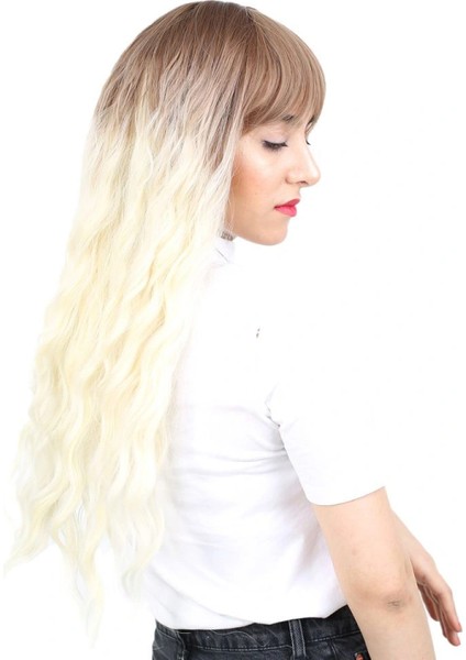 Perçemli Uzun Su Dalgası Fiber Sentetik Peruk - Kumral / Platin Ombreli fırsatları