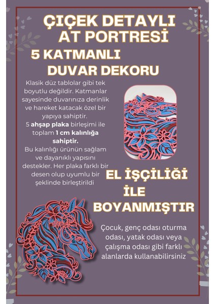 Muhteşem Çiçek Detaylı At Portresi Duvar Dekoru