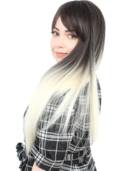 Fiber Sentetik Uzun Düz Kahküllü Peruk - Küllü Siyah / Platin Ombreli fırsatları