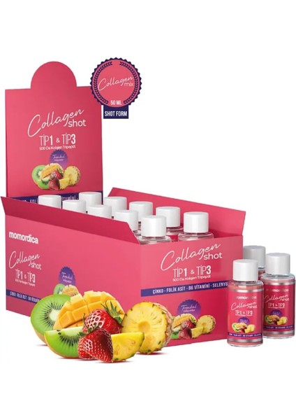 Kolajen Shot (Tripeptit 500 Da Tip 1 & Tip 3, Selenyum, Çinko, Folik Asit, B6 Vitamini) - 10 Adet