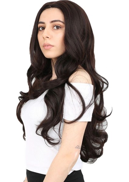 Yoğun Dalgalı Fiber Sentetik Uzun Perçemsiz Peruk-Koyu Kahve modelleri