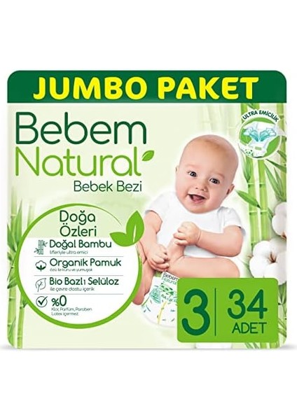 Bebem Natural Bebek Bezi 3 Beden Midi 34 Adet