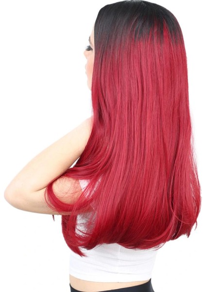 Fiber Sentetik Uzun Düz Peruk - Siyah / Kızıl Ombreli modelleri