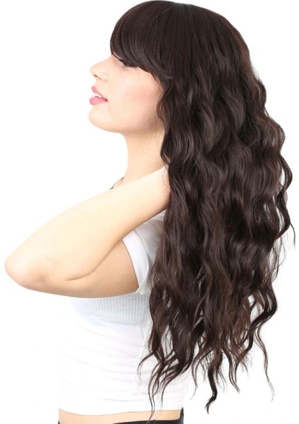 Perçemli Uzun Su Dalgası Fiber Sentetik Peruk- Koyu Kahve modelleri